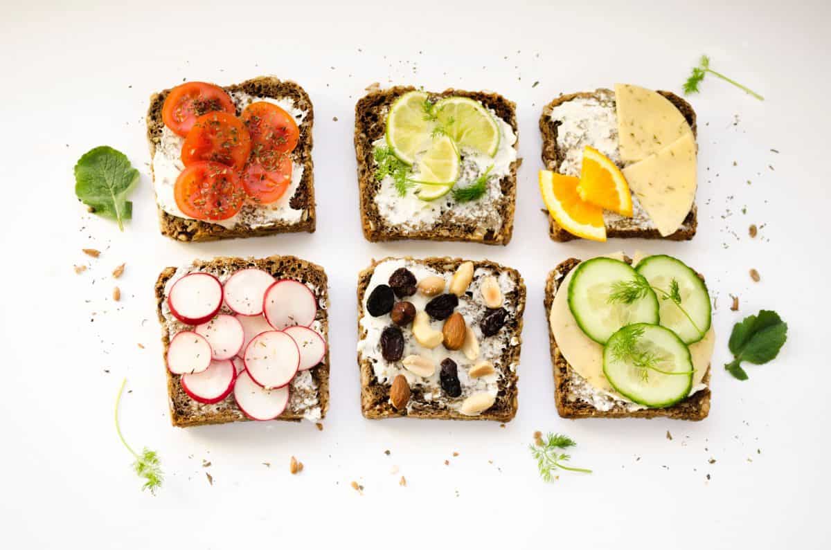 healthy snacks - toasts with various toppings on top